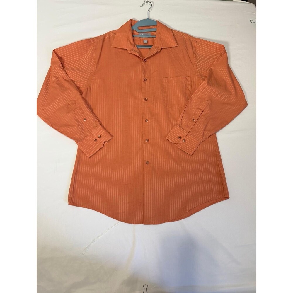 Van Heusen Lux Satin Fitted Dress Shirt Mens 16 32/33 Orange Stripe Button Up.